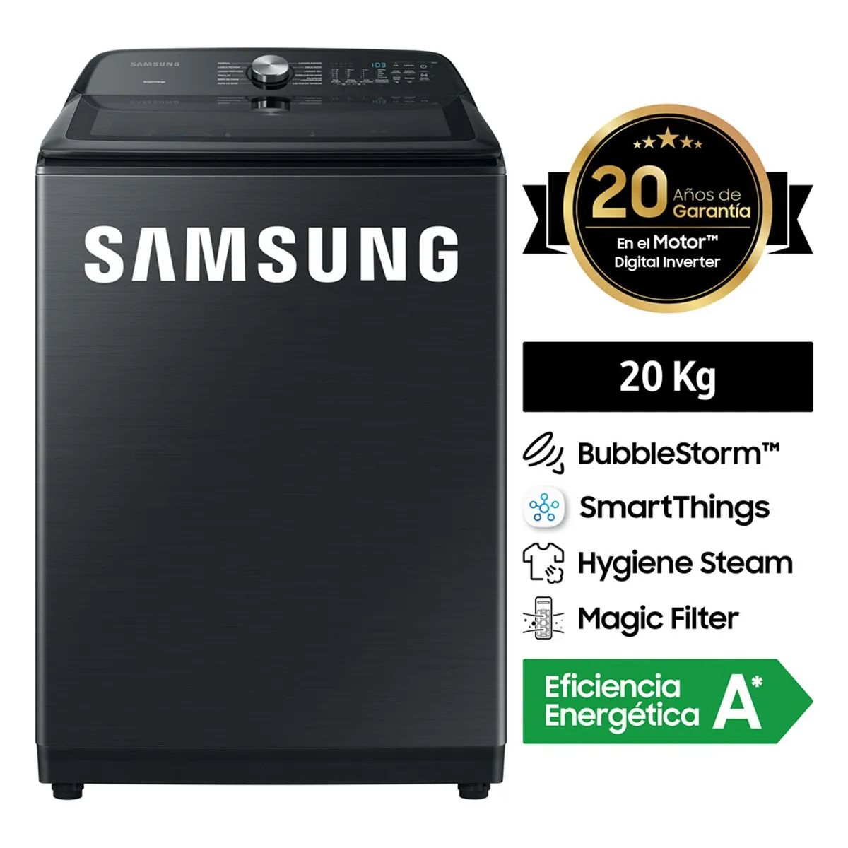 SAMSUNG - Lavadora Acero Inoxidable Smart 20 kg Samsung Negro WA20A8377GV/PE