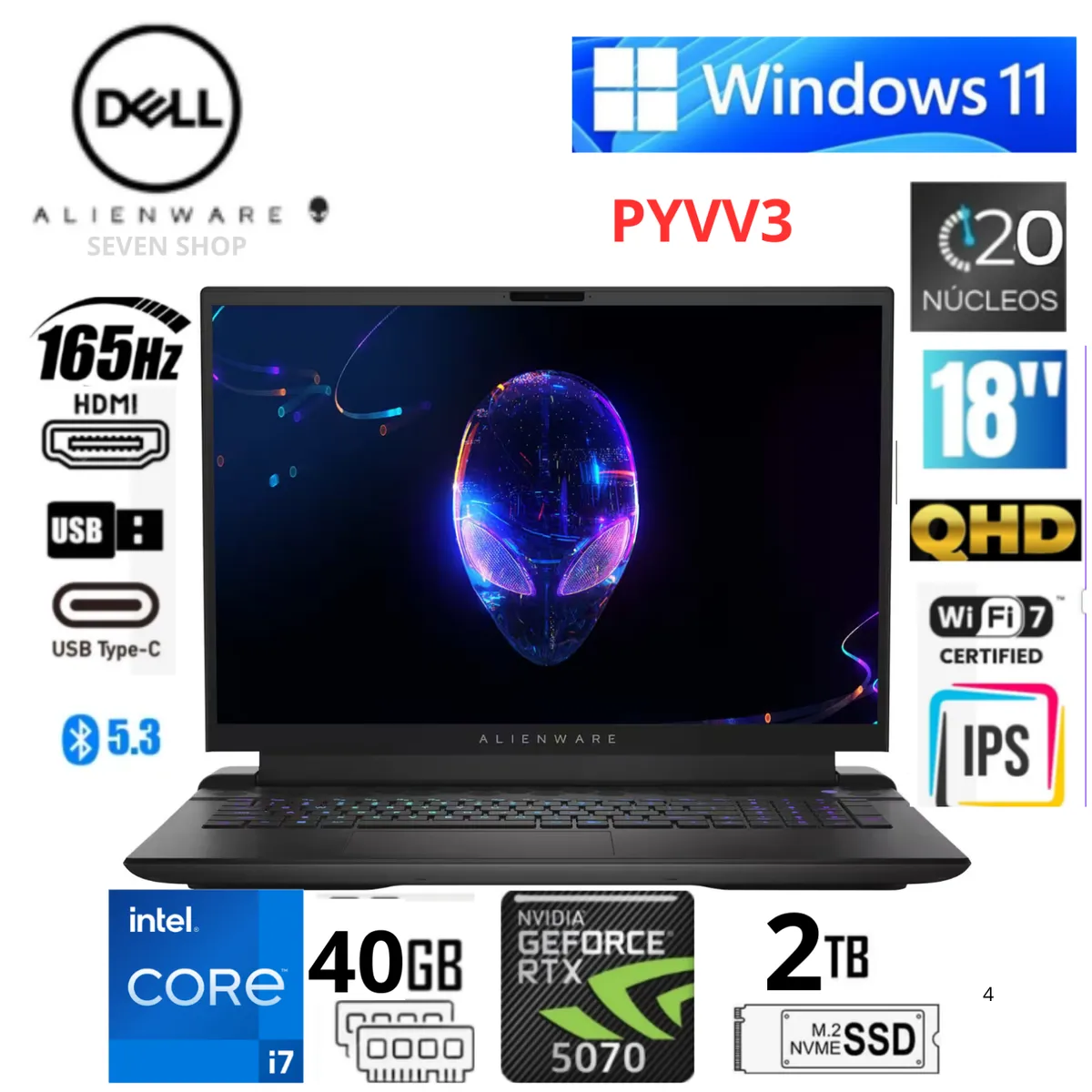 DELL - Laptop Gamer Dell Alienware 18" QHD+ 165Hz Intel Core i7-14700HX 40GB RAM 2TB SSD RTX 4070 8GB