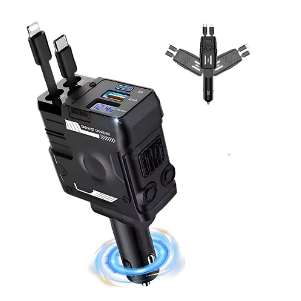 JET - Cargador Auto Retráctil 66W 4 en 1 USB-C USB-A iOS Rápido