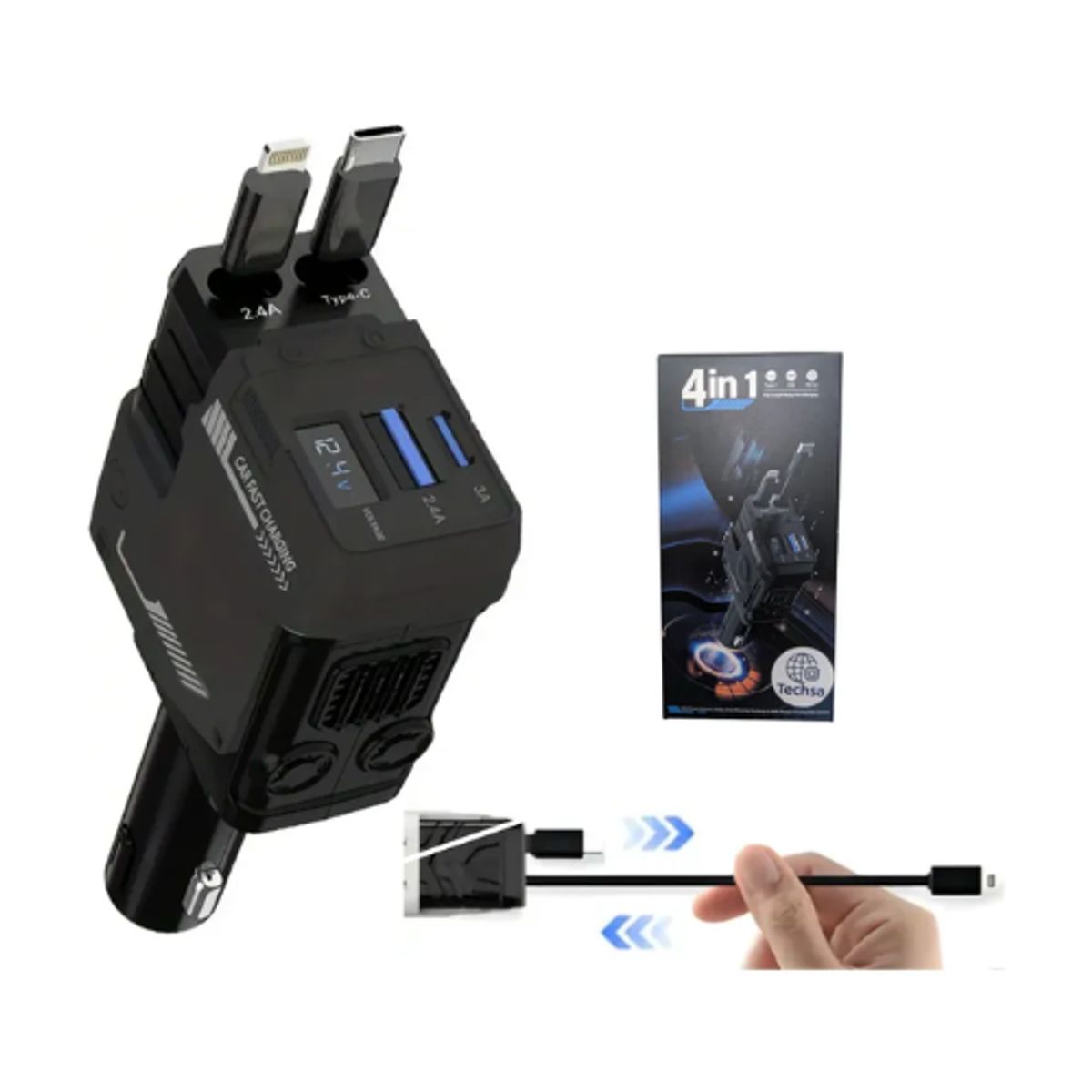 JET - Cargador Auto Retráctil 66W 4 en 1 USB-C USB-A iOS Rápido