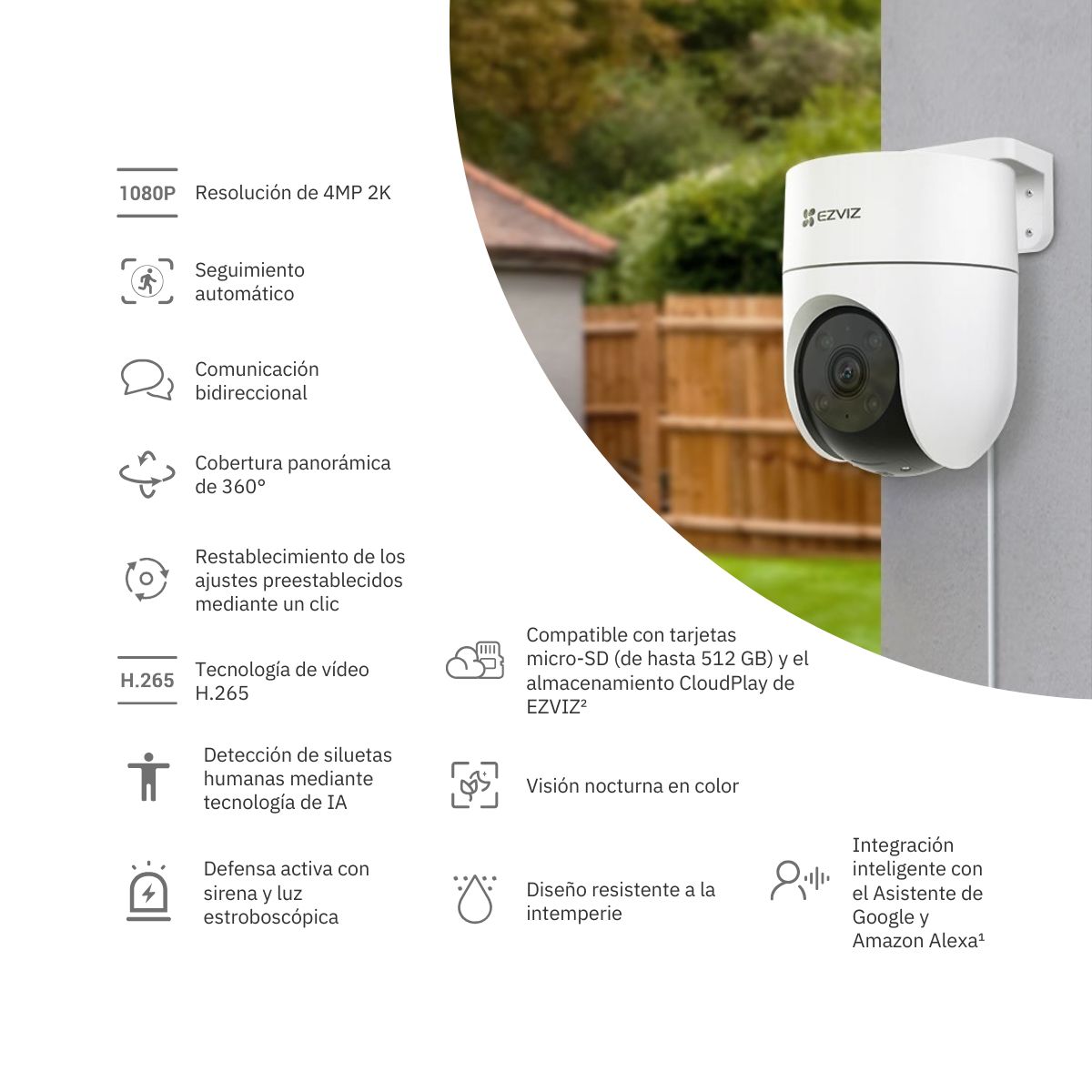 EZVIZ - Cámara Inalámbrica WiFi PT H8C Para Exteriores Full Hd + MicroSD 64 GB - Ezviz