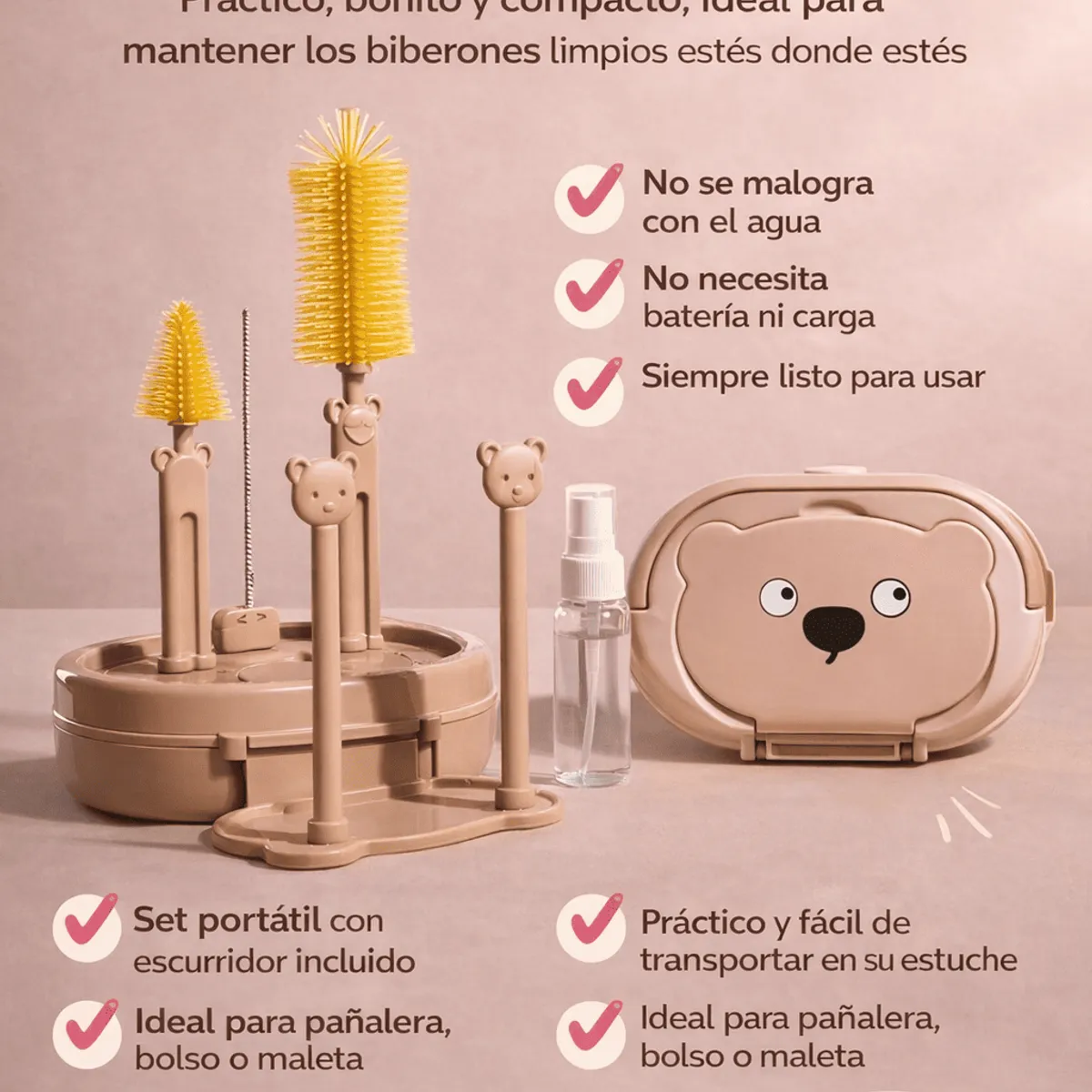 Baby - Kit Completo Limpiador de Biberones con Estuche Escurridor marron