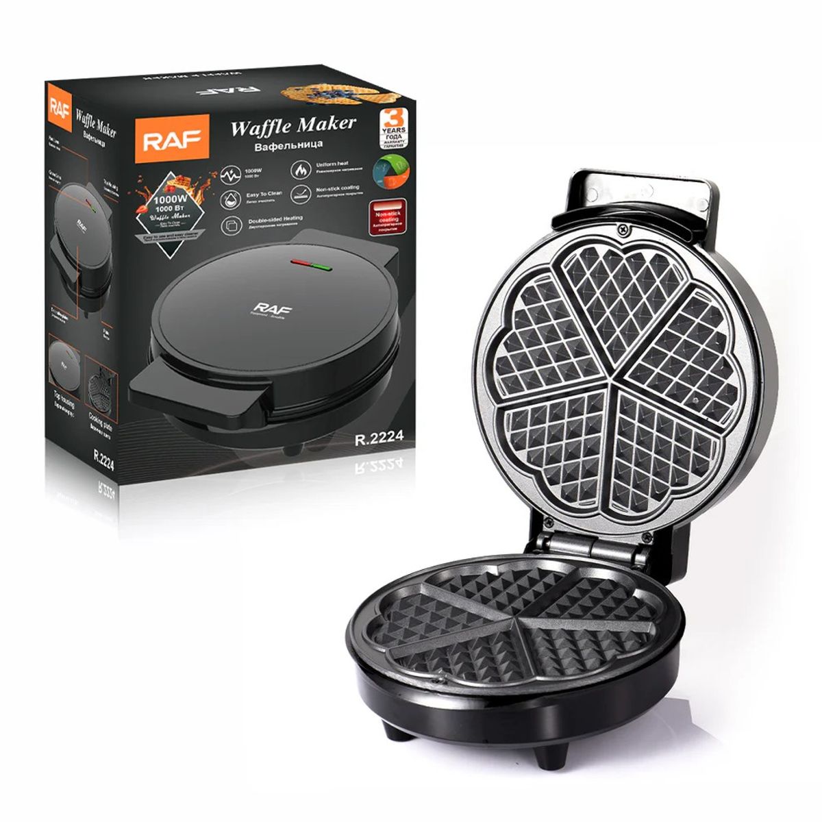 RAFF - Wafflera RAF R2224 1000W Antiadherente  Doble Calentamiento  Placas en Forma de Corazón