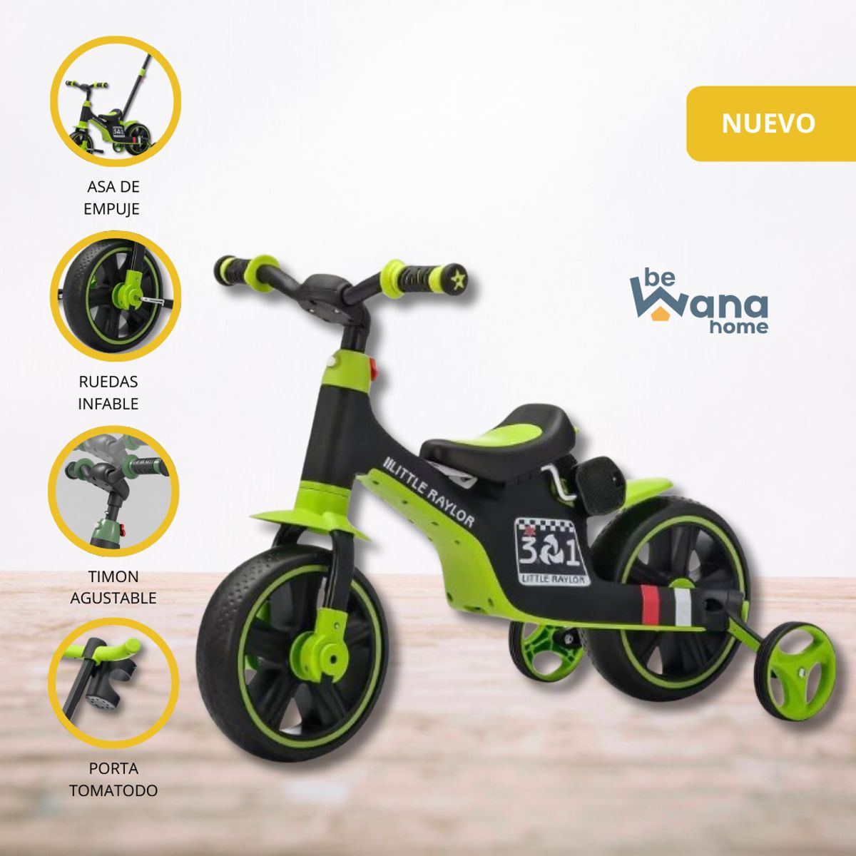 GENERICO - Bicicleta Guía 3 en 1 para Niños «CYCLO GUÍA» GREEN