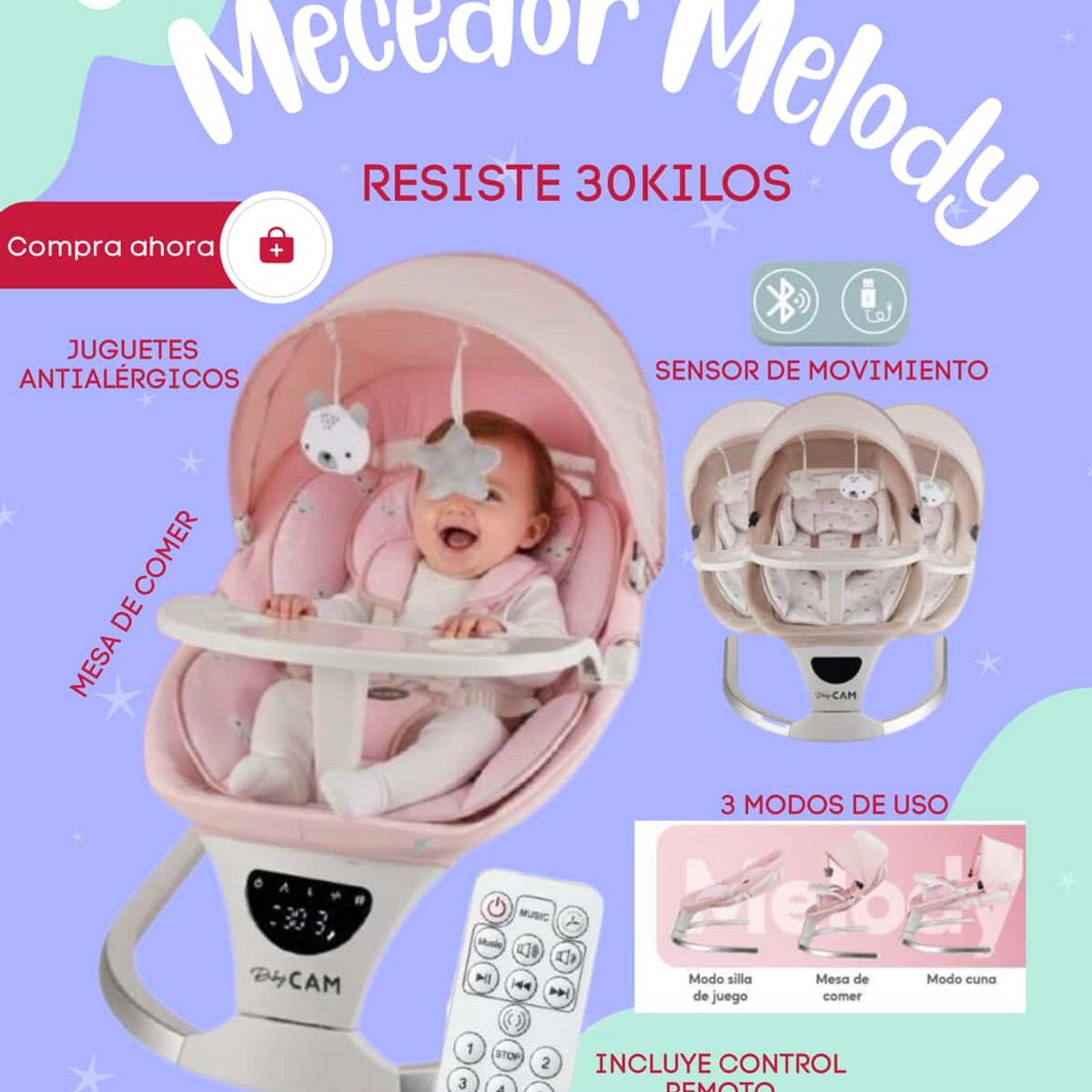 Baby - Silla mecedora para bebé MELODY  color ROSADO