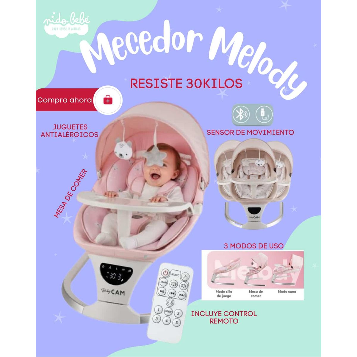 Baby - Silla mecedora para bebé MELODY  color ROSADO