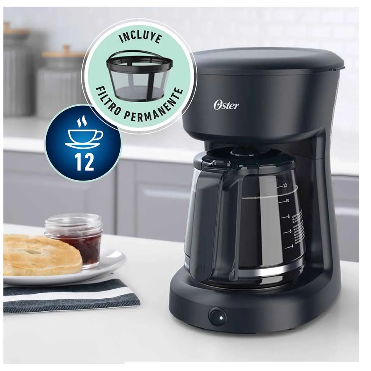 OSTER - Cafetera Oster de 12 tazas con filtro permanente - BVSTDCS12B ON/OFF