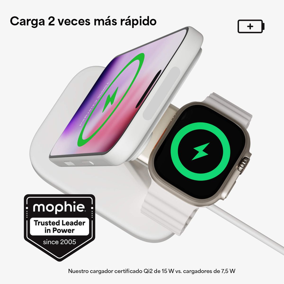 MOPHIE - Base de carga inalámbrica mophie 2 en 1 con certificación Qi2 para iPhone y Apple Watch