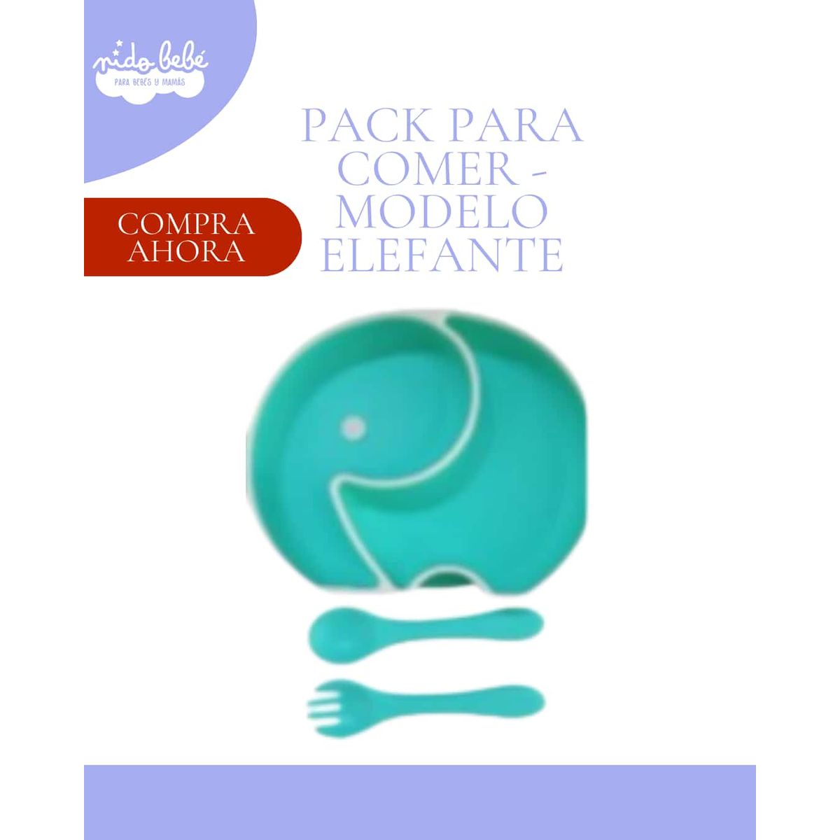 Baby - SET PARA COMER - PLATO + CUBIERTO PARA BEBE - MODELO ELEFANTE - COLOR TURQUESA