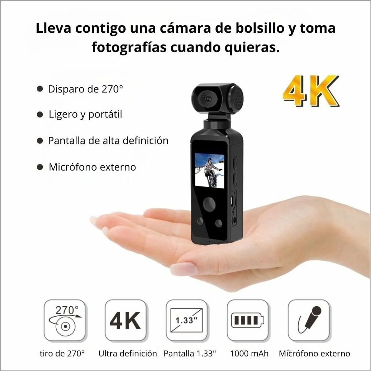 GENERICO - CÁMARA DEPORTIVA 4K CON PANTALLA ESTABILIZADOR Y MICRÓFONO