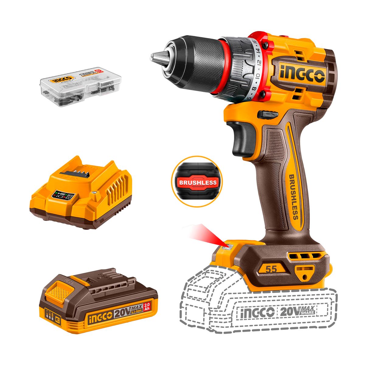 INGCO TOOLS - Taladro Atornillador 20v Brushless 55nm Con Bat/carg Ingco Naranja Claro 50 / 60hz