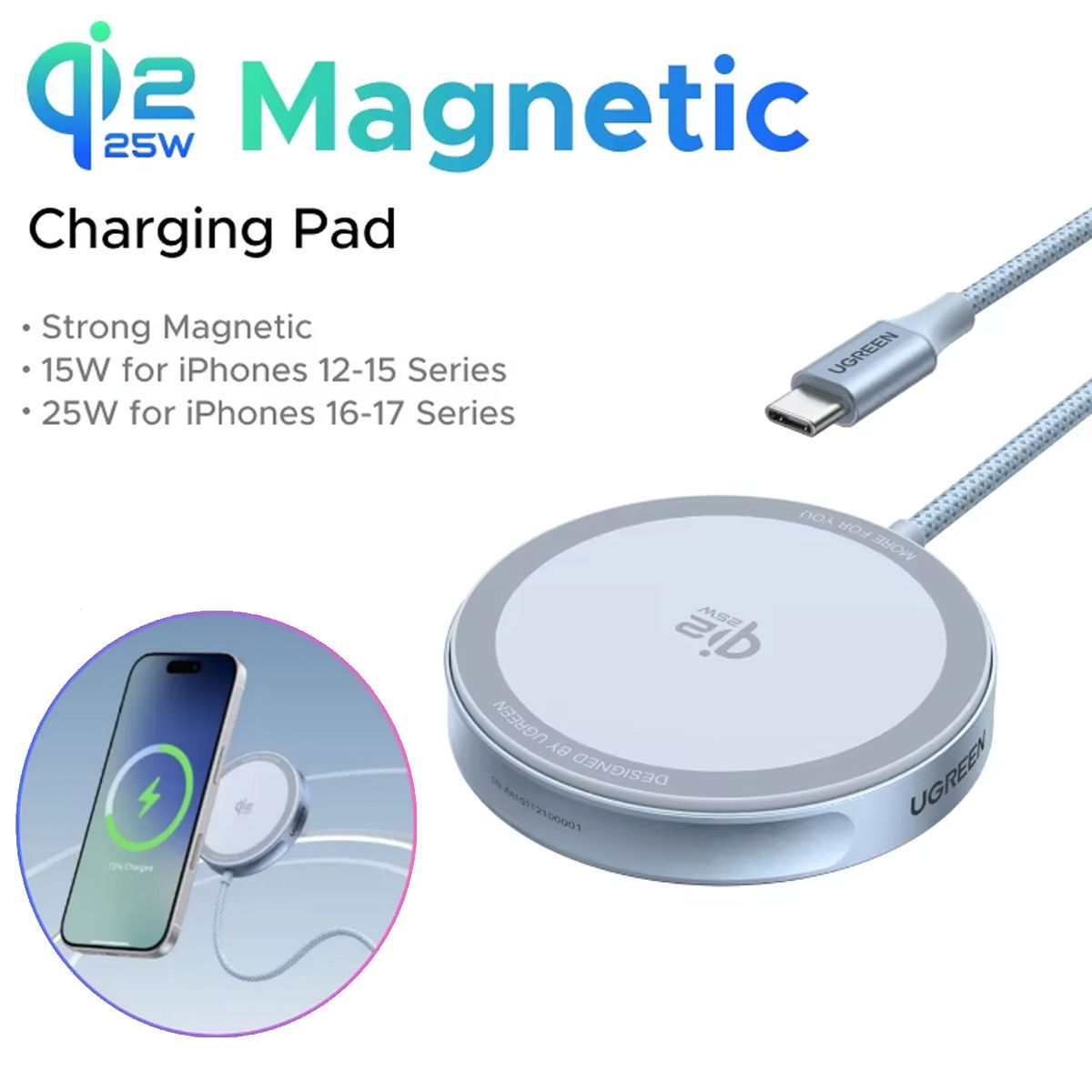 UGREEN - Cargador Inalámbrico Ugreen W753 Magflow Qi2 25w Magsafe Celeste