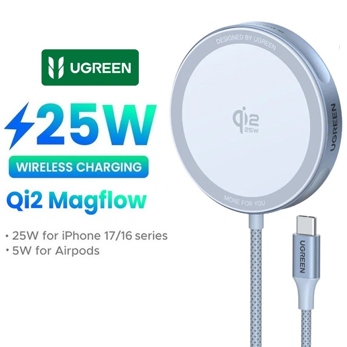UGREEN - Cargador Inalámbrico Ugreen W753 Magflow Qi2 25w Magsafe Celeste