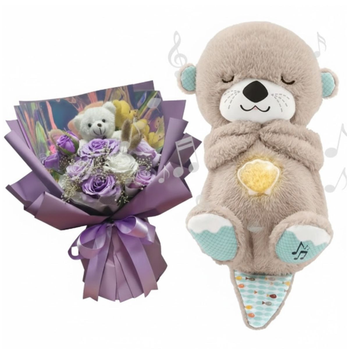 GENERICO - Peluche Nutria Grande Musical y Ramo de Rosas Aniversario San Valentín Parejas