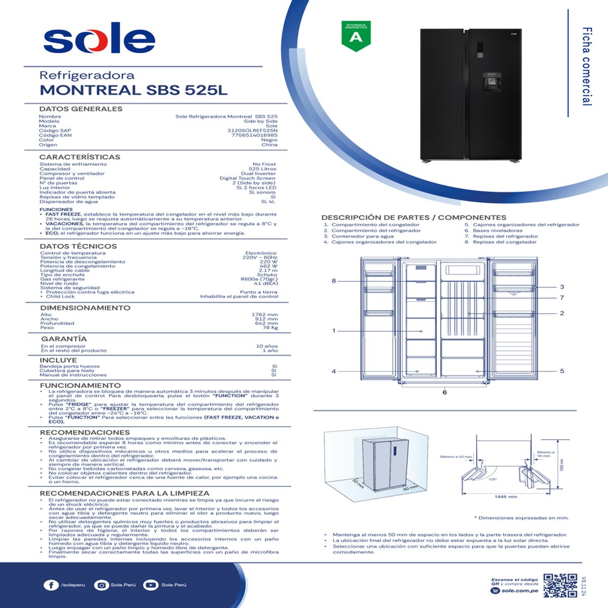 SOLE - Combo Encimera Rubi Pro+Campana Gaia+Refri Montreal+Purificador Prime 5 años