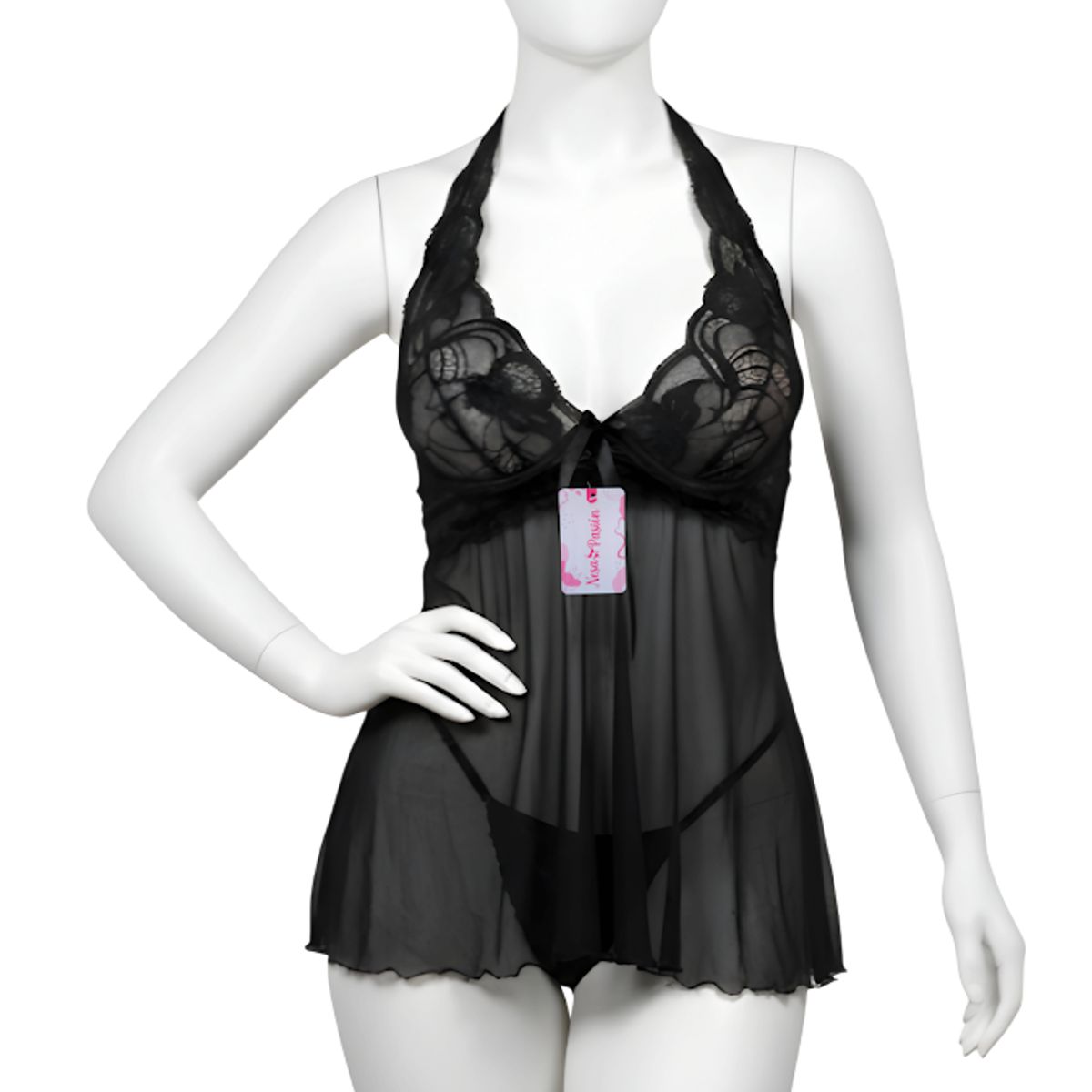 GENERICO - BABYDOLL LENCERIA SEXY DE ENCAJE NEGRO