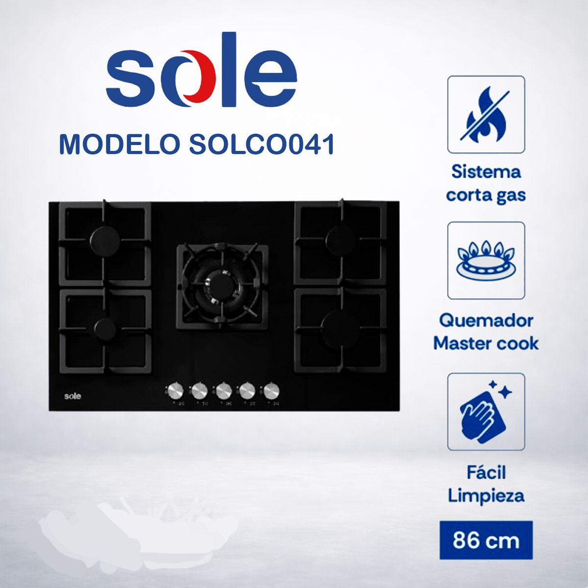 SOLE - ENCIMERA VIDRIO TEMPLADO A GAS 86CM 5H SOLE  SOLCO041