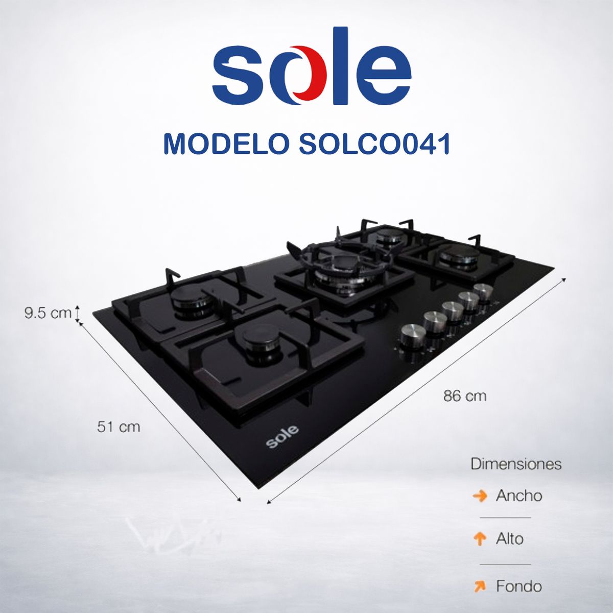 SOLE - ENCIMERA VIDRIO TEMPLADO A GAS 86CM 5H SOLE  SOLCO041