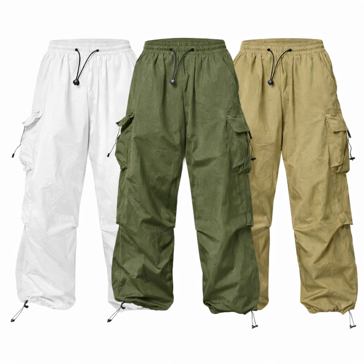 ENKI - Pack x3 Pantalones Parachute Tela Mojada Blanco Verde Beige