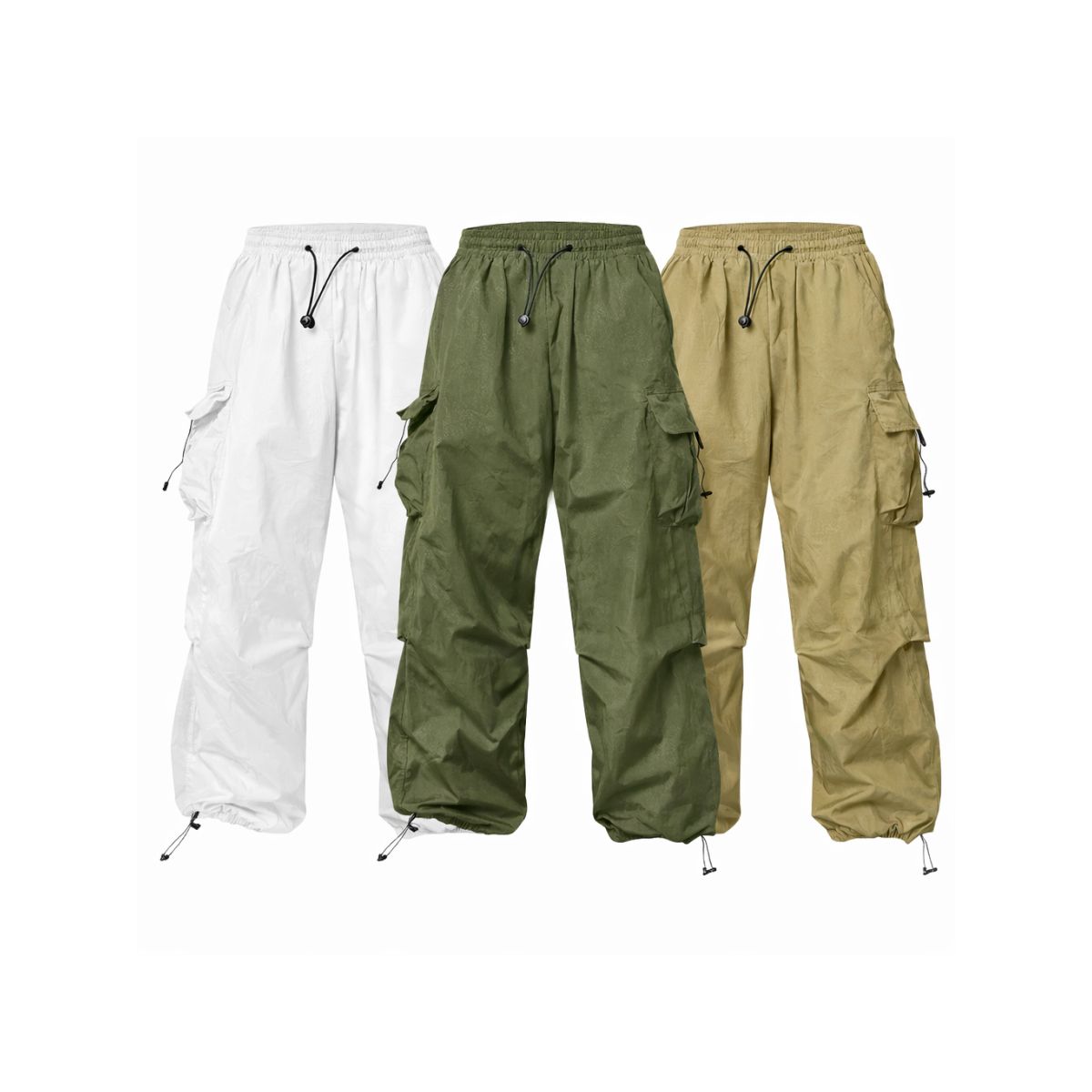 ENKI - Pack x3 Pantalones Parachute Tela Mojada Blanco Verde Beige