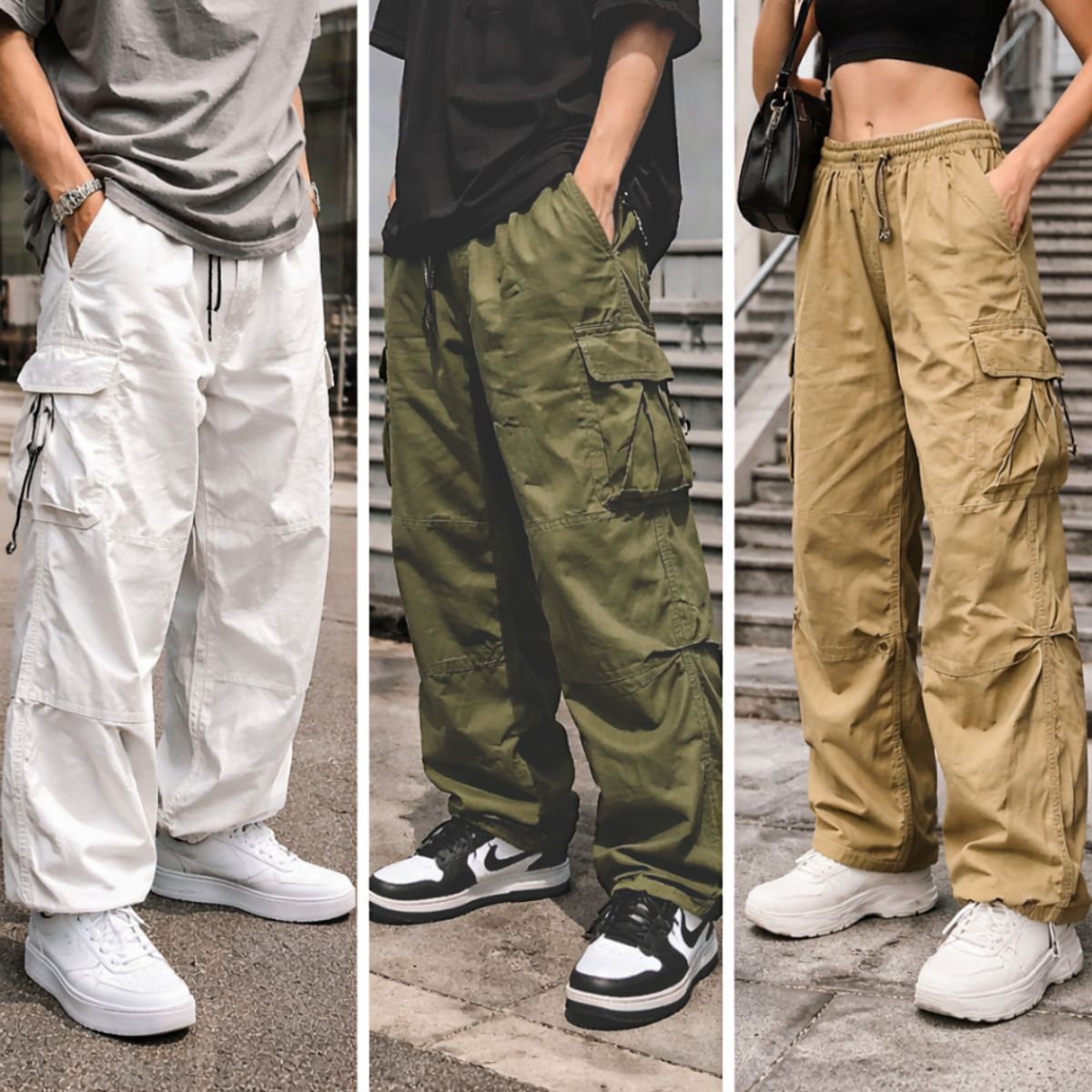 ENKI - Pack x3 Pantalones Parachute Tela Mojada Blanco Verde Beige