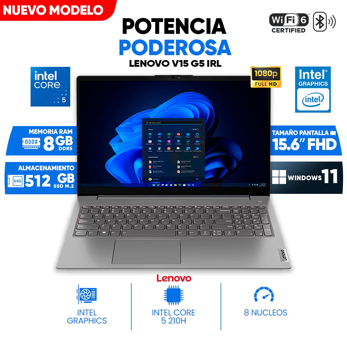 LENOVO - Laptop Lenovo V15 G5 IRL, Intel Core 5 210H, 8GB DDR5, 512GB SSD, 15.6 LCD LED FHD