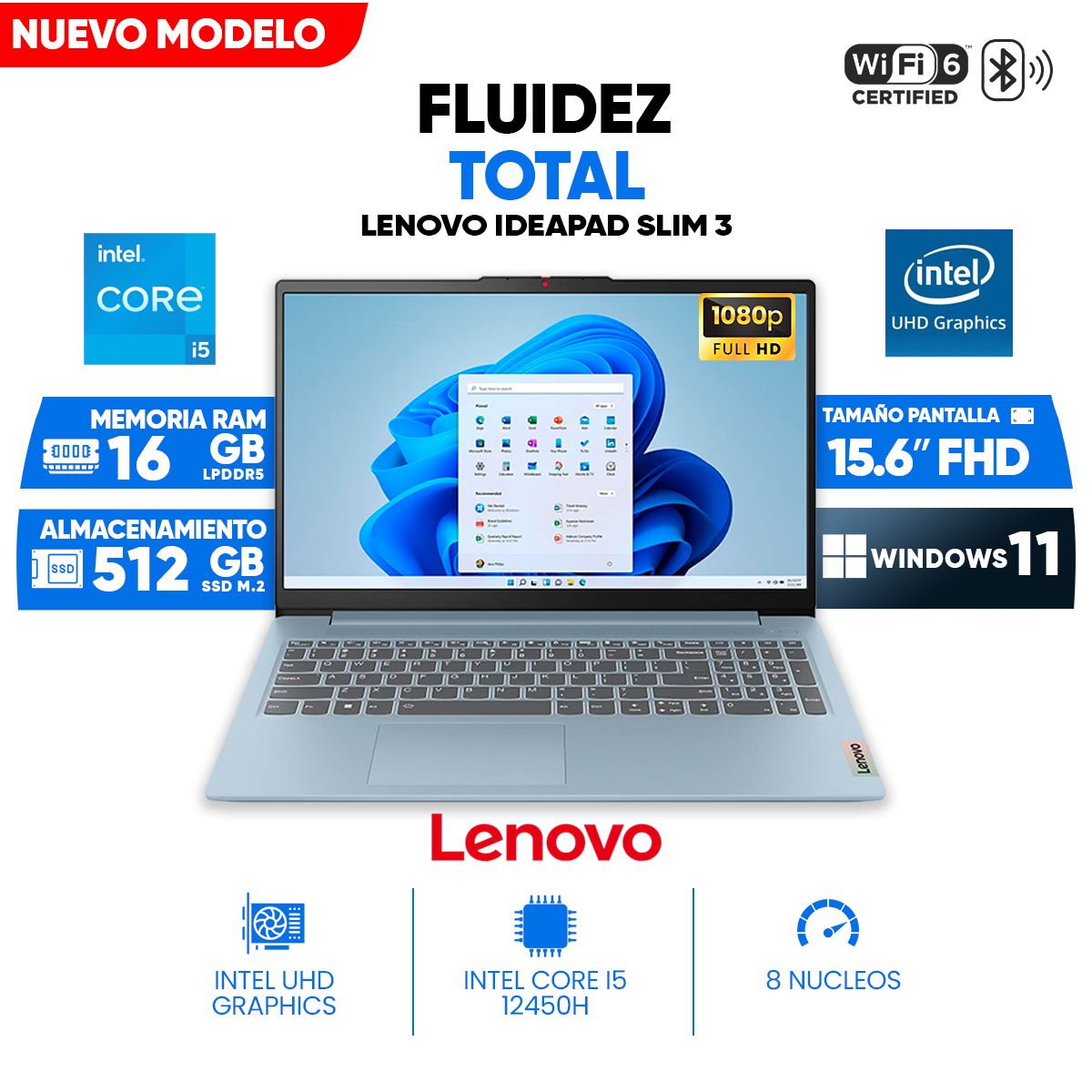 LENOVO - Laptop Lenovo IdeaPad Slim 3, Core i5-12450H, 16GB LPDDR5, 512 GB SSD M.2, 15.6 FULL HD IPS