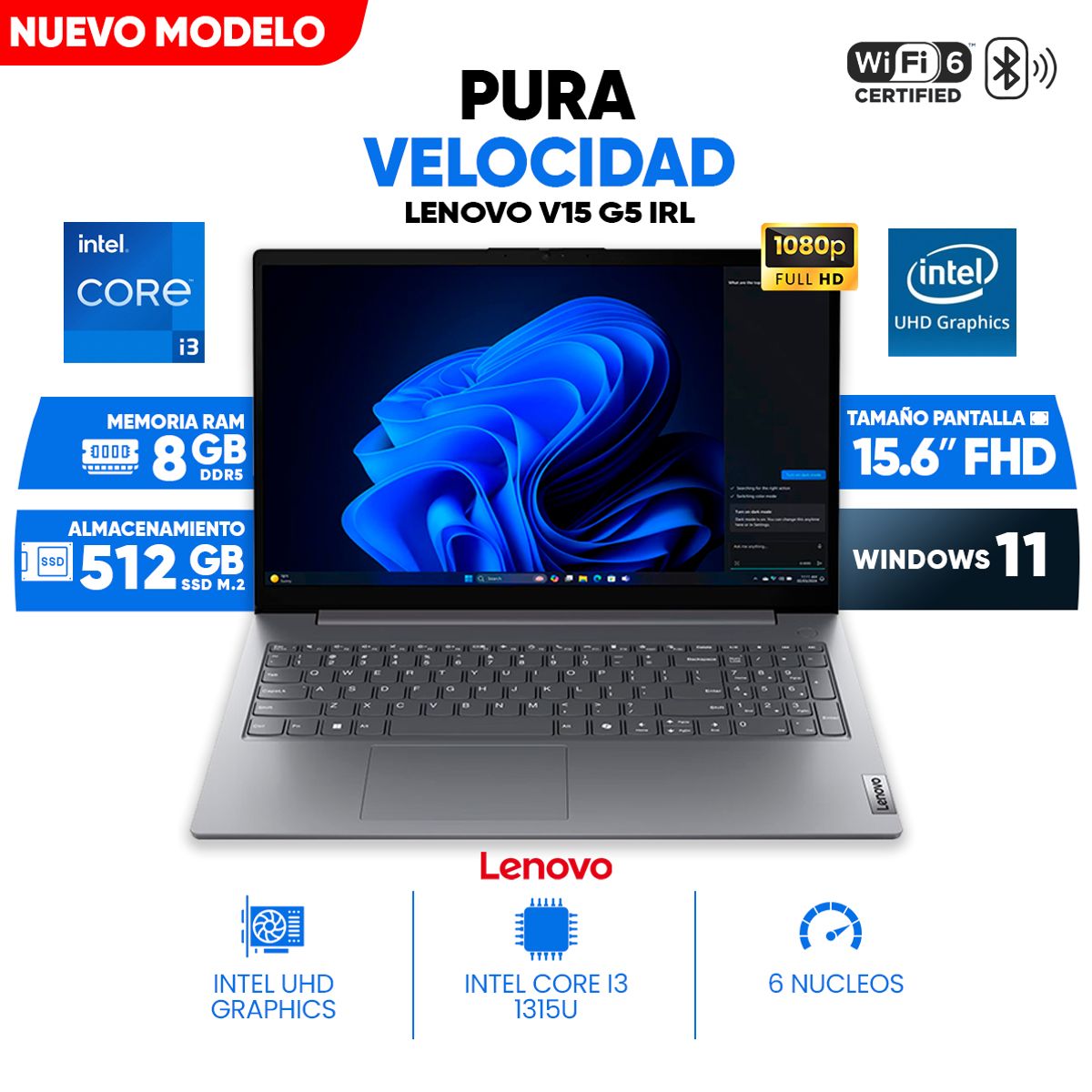 LENOVO - Laptop Lenovo V15 G5 IRL, Core i3-1315U, 8GB DDR5, 512 GB SSD M.2, 15.6 FULL HD TN