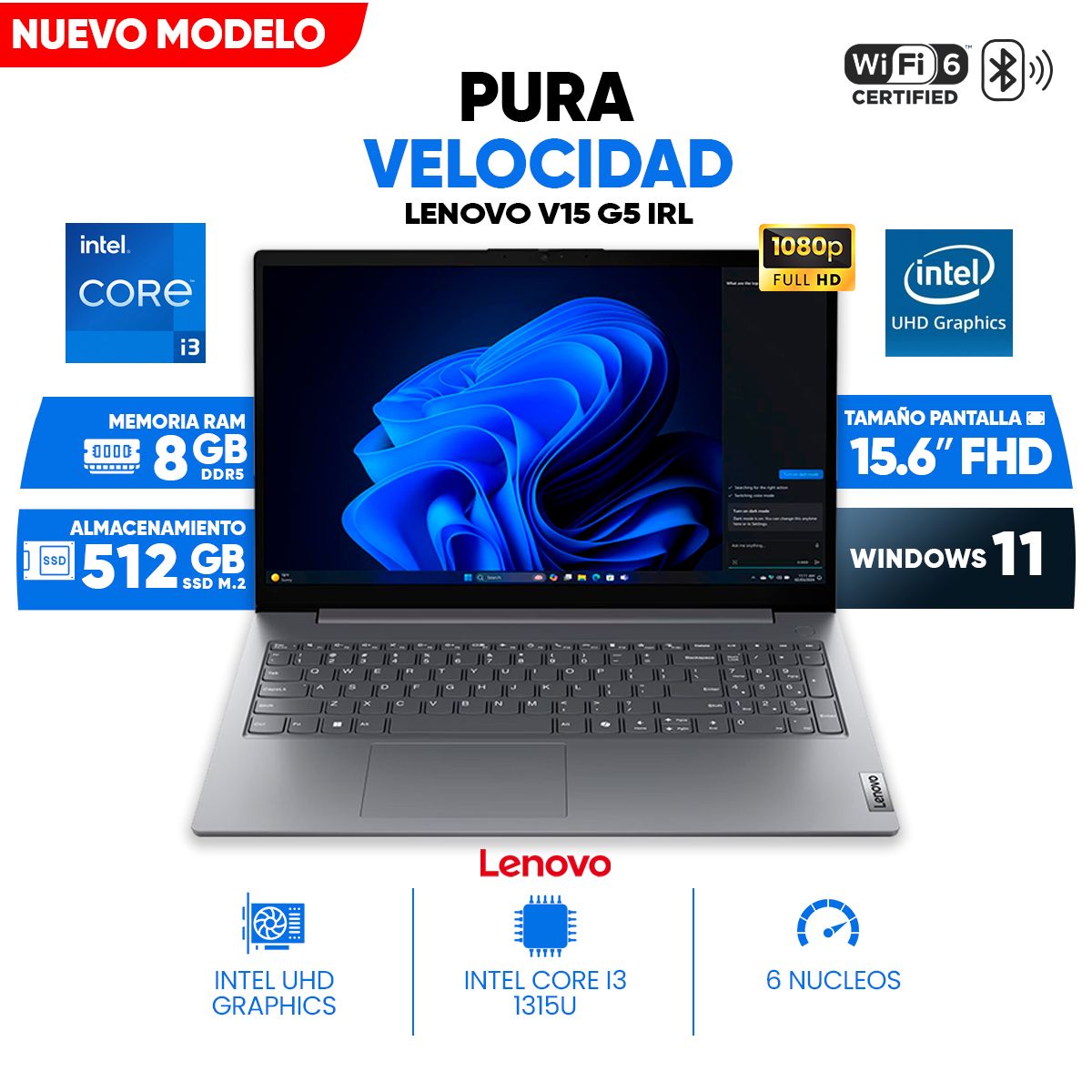 LENOVO - Laptop Lenovo V15 G5 IRL, Core i3-1315U, 8GB DDR5, 512 GB SSD M.2, 15.6 FULL HD TN