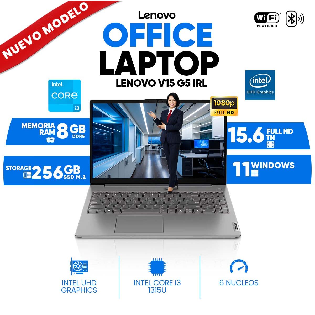 LENOVO - Laptop Lenovo V15 G5 IRL, Core i3-1315U, 8GB DDR5, 256 GB SSD M.2, 15.6  FULL HD TN