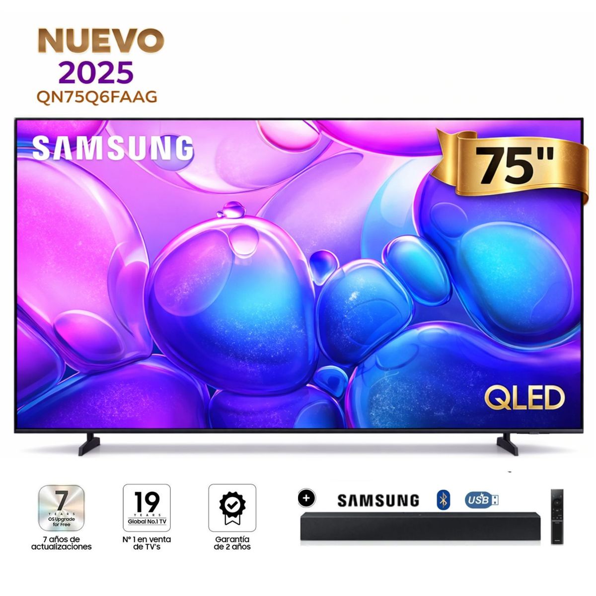 SAMSUNG - Televisor Samsung 75" Qled  QN75Q6FAAGXPE 4k UHD Tizen + Soundbar Samsung HW-C400