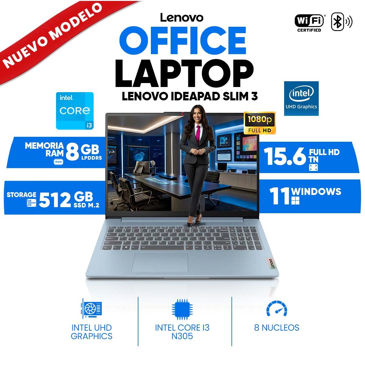 LENOVO - Lenovo IdeaPad Slim 3 15IAN8, Intel Core 3-N305, 8GB LPDDR5, 512GB SSD, 15.6 FHD TN