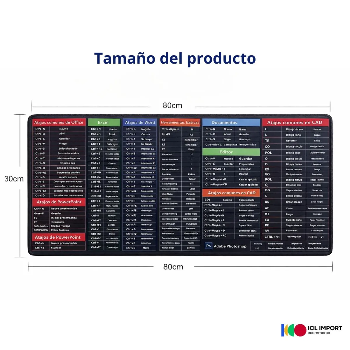 OEM - PAD MOUSE EXTRA GRANDE ANTIDESLIZANTE DE 80 X 30 CM ATAJOS MICROSOFT OFICE PHOTOSHOP Y AUTOCAD