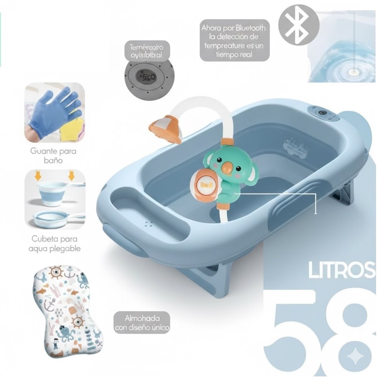 GENERICO - Tina Plegable Grande 58 LT con Termometro y Accesorios Celeste