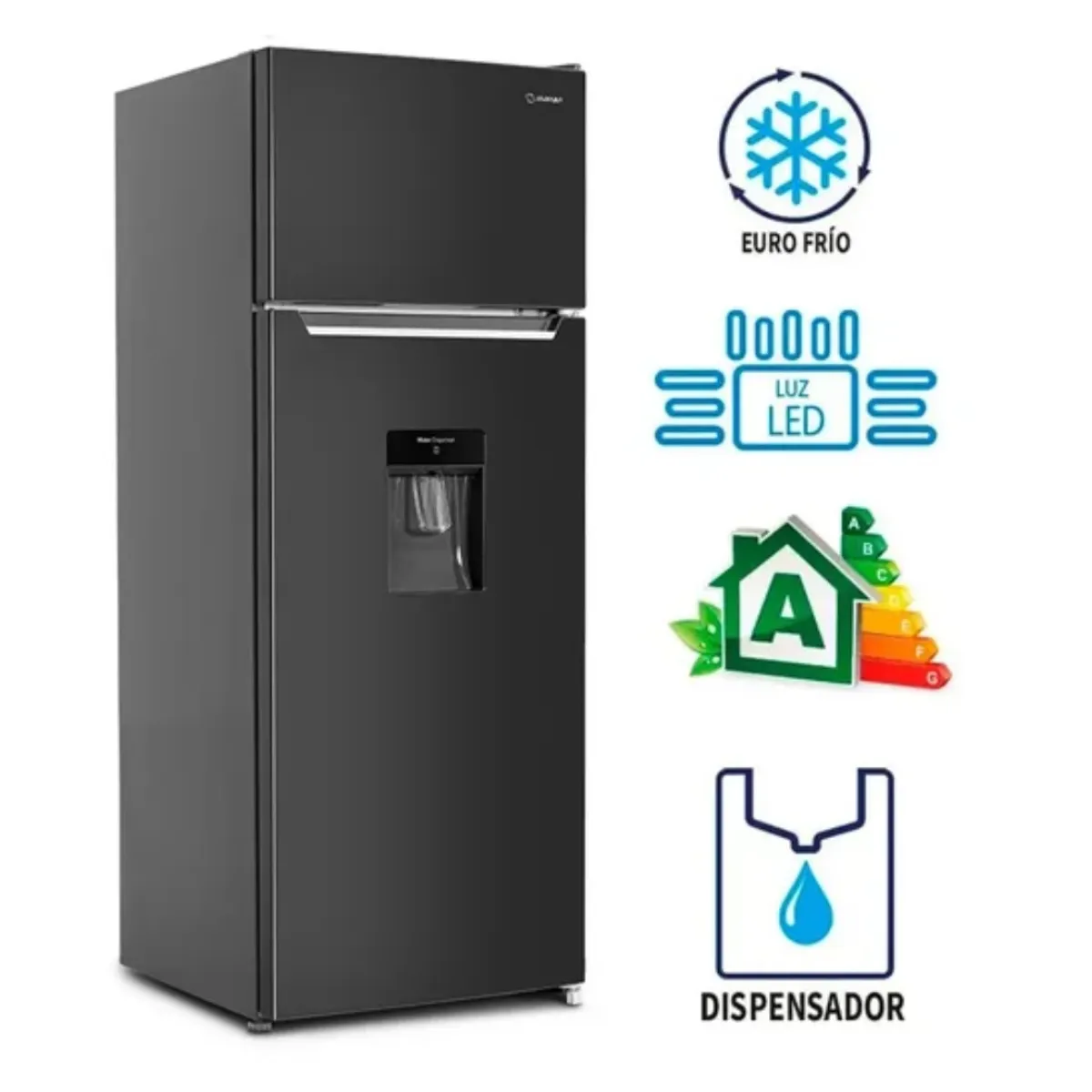MIRAY - Refrigeradora Miray RM-211HD 211L Top Freezer Black Inox con Sistema Eurofrío y Dispensador de Agua