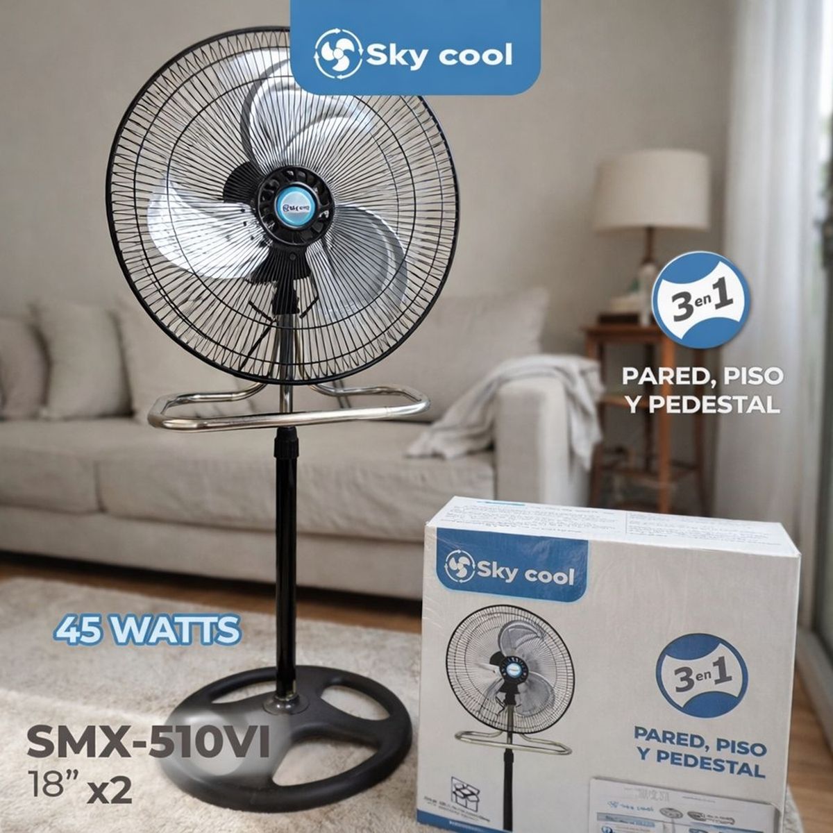 GENERICO - Ventilador 3 en 1 Sky Cool SMX-510VI 18” – Pared, Piso y Pedestal - 45W - 3 Velocidades
