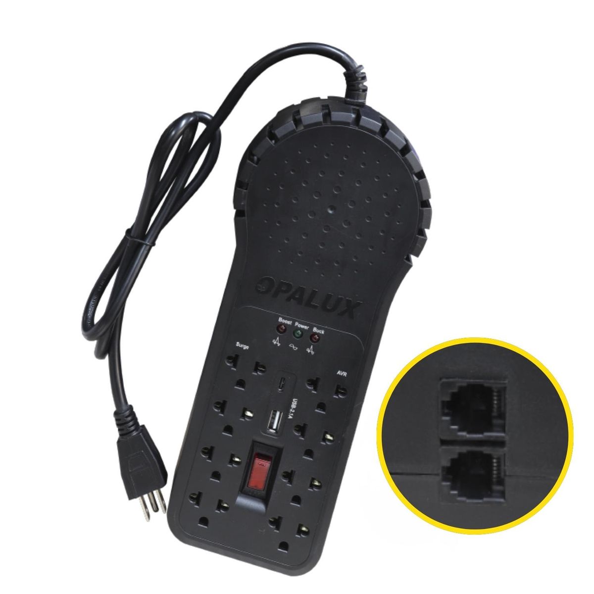 OPALUX - Estabilizador de voltaje 1200w 8 tomas con USB Opalux