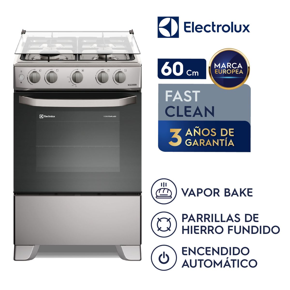 ELECTROLUX - Cocina Electrolux 4 quemadores 60Cm Efficient VaporBake y Parrillas Hierro Fundido Silver FE4OSR