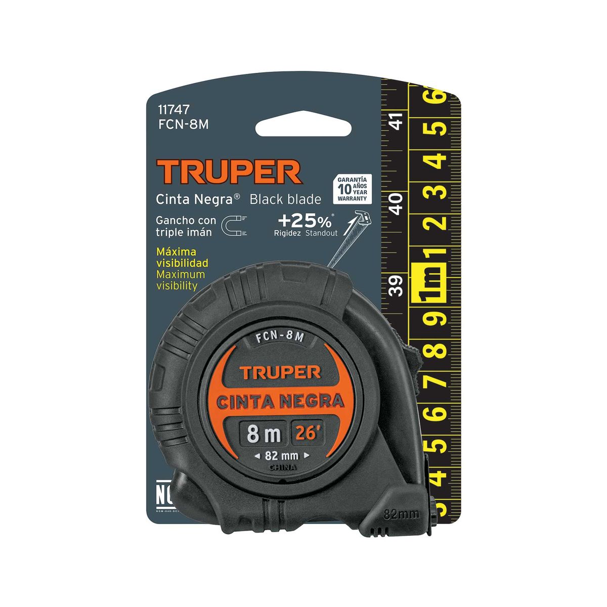 TRUPER - Flexómetro contra impactos con imán 8 m, Cinta Negra 25 mm, TRUPER 11747