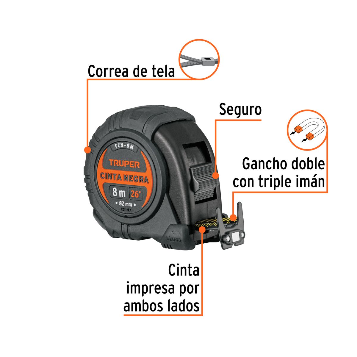 TRUPER - Flexómetro contra impactos con imán 8 m, Cinta Negra 25 mm, TRUPER 11747