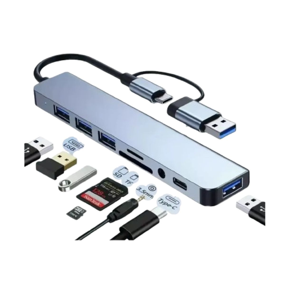 GENERICO - HUB 8-EN-1 DE ACERO - DOBLE CONECTOR TYPE-C & USB-A - LECTOR SD/TF Y USB 3.0