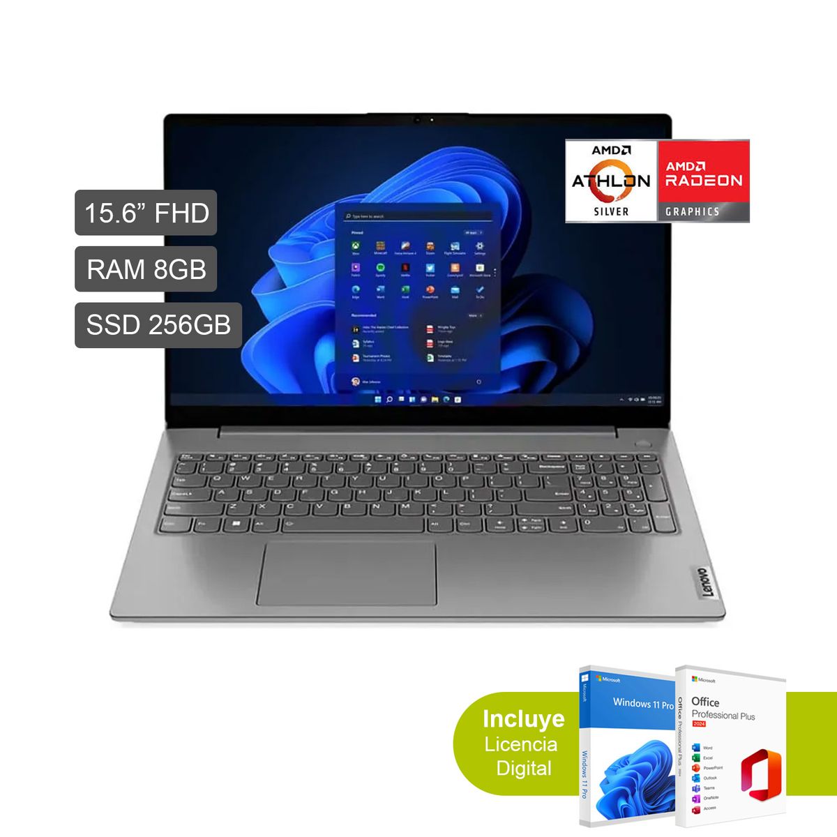 LENOVO - Laptop Lenovo V15 G4 AMN AMD Athlon Silver 7120U 8GB RAM 256GB SSD 156 FHD 82YU00X5LM + WO