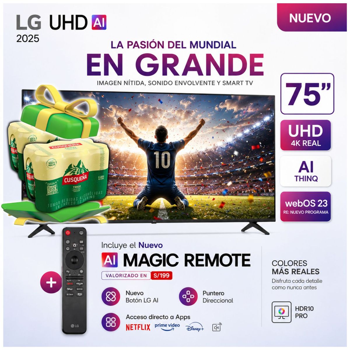 Televisor LG 75 UHD 4K Smart TV ThinQ AI - 75UA8050PSA + 2 SIXPACK Cuzqueña Trigo 473ml, marca LG - Foto Principal