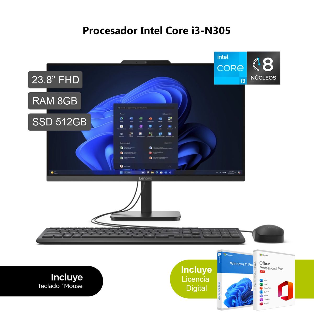 LENOVO - All in One Lenovo V100 Intel Core i3-N305 8GB RAM 512GB SSD 238 FHD IPS 13BE004ALD + WO