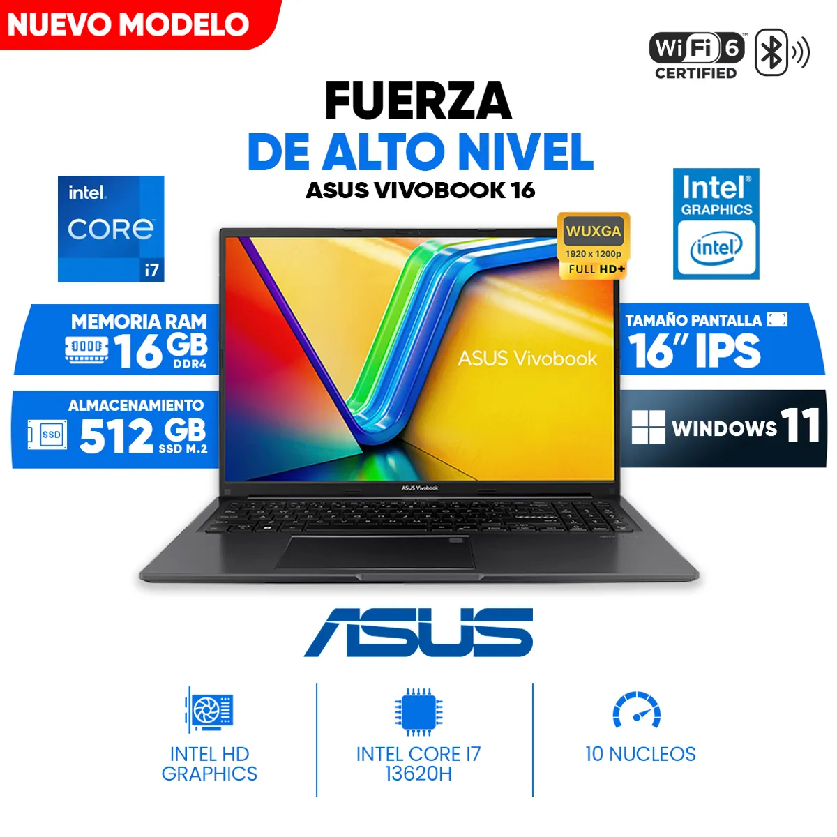 ASUS - Notebook ASUS Vivobook 16, Intel Core i7 13620H, 16GB DDR4, 512GB SSD, 16 WUXGA IPS