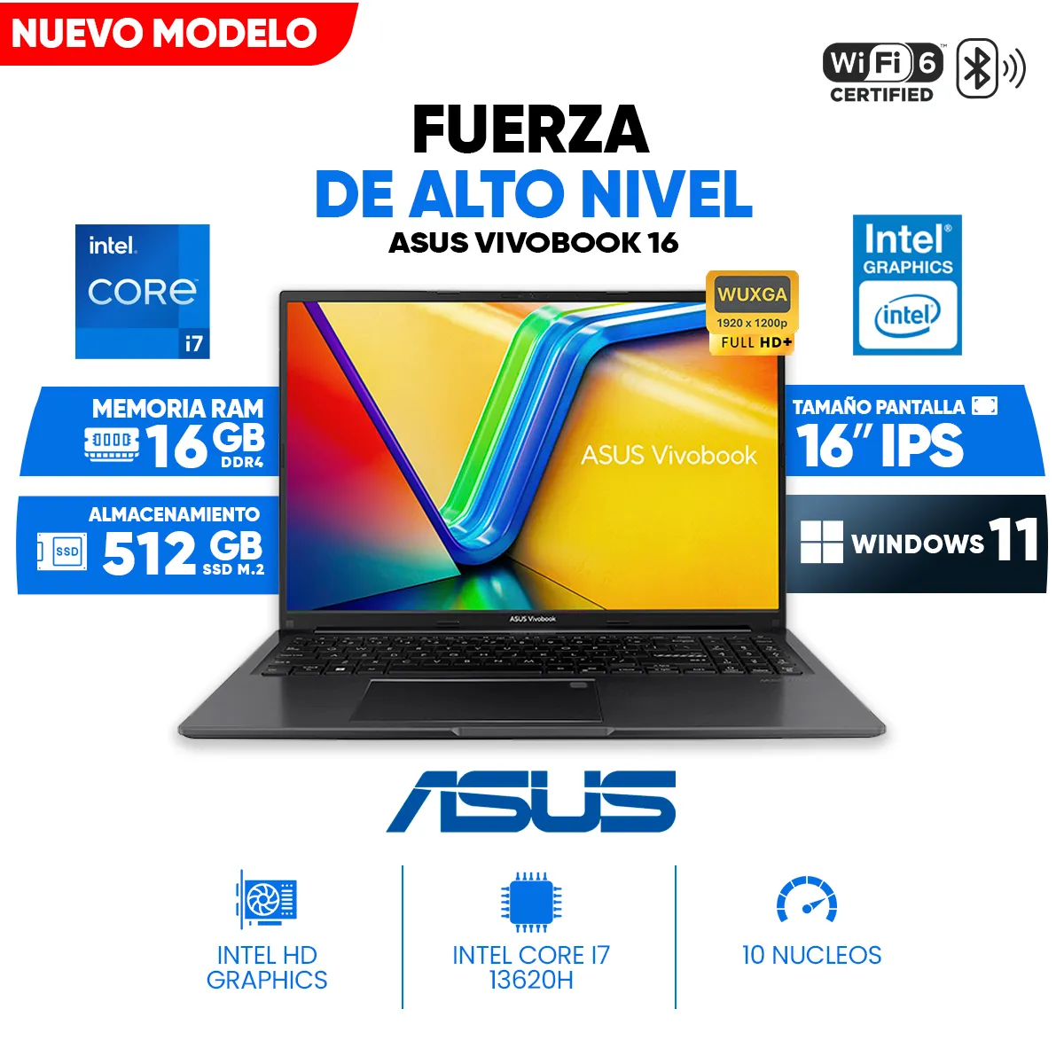 ASUS - Notebook ASUS Vivobook 16, Intel Core i7 13620H, 16GB DDR4, 512GB SSD, 16 WUXGA IPS