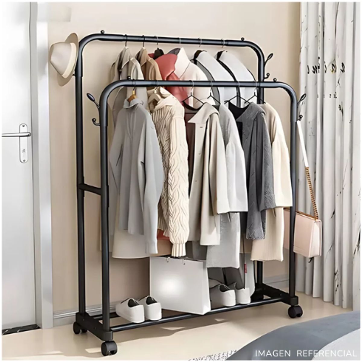 Perchero Organizador de Ropa con Ruedas Doble Barra Metálica Negro, marca INSPIRA MARKET - Foto Principal