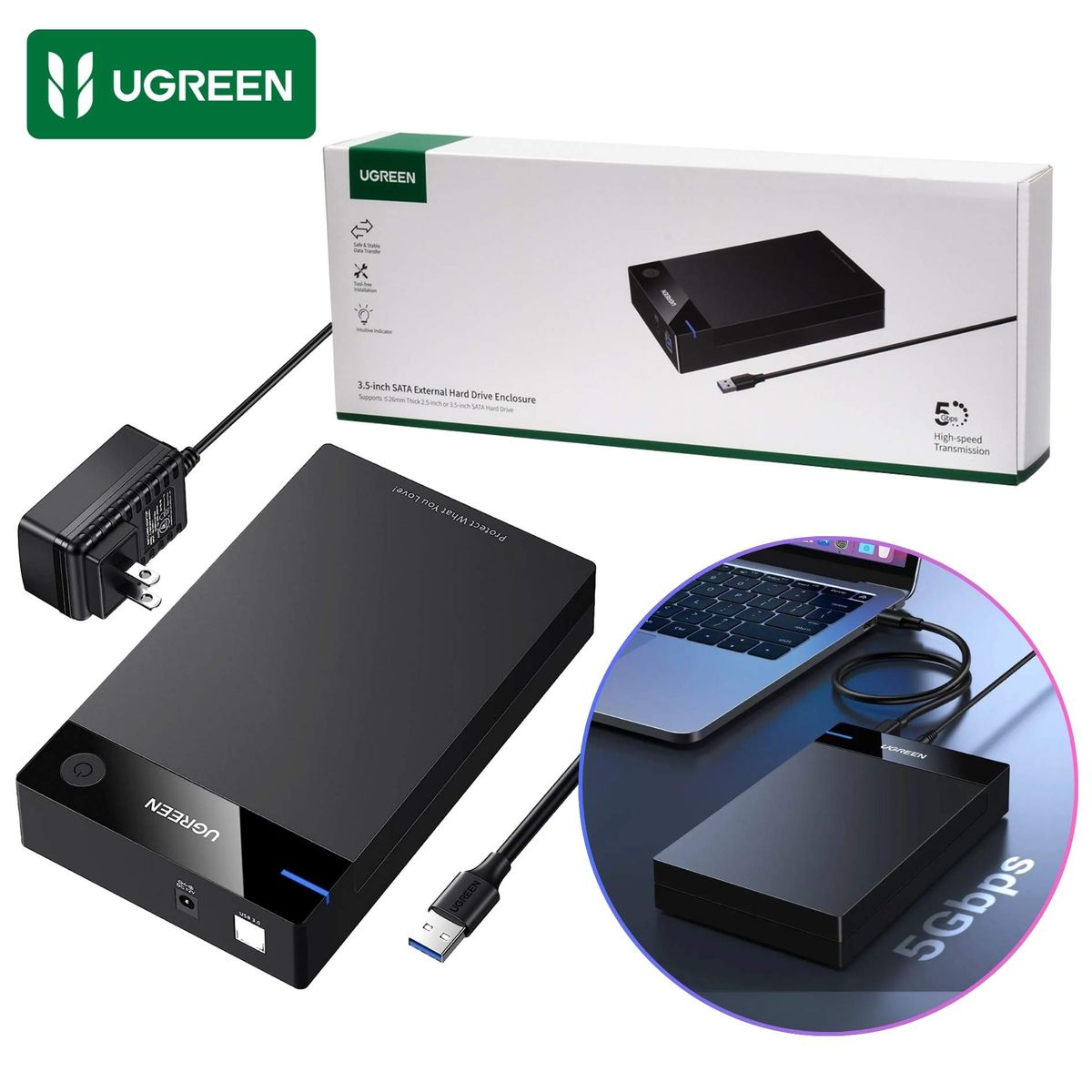 UGREEN - UGREEN Carcasa para Disco Duro SATA 3,5" y 2,5" USB 3,0 Almacenamiento  Externo Hasta 16TB