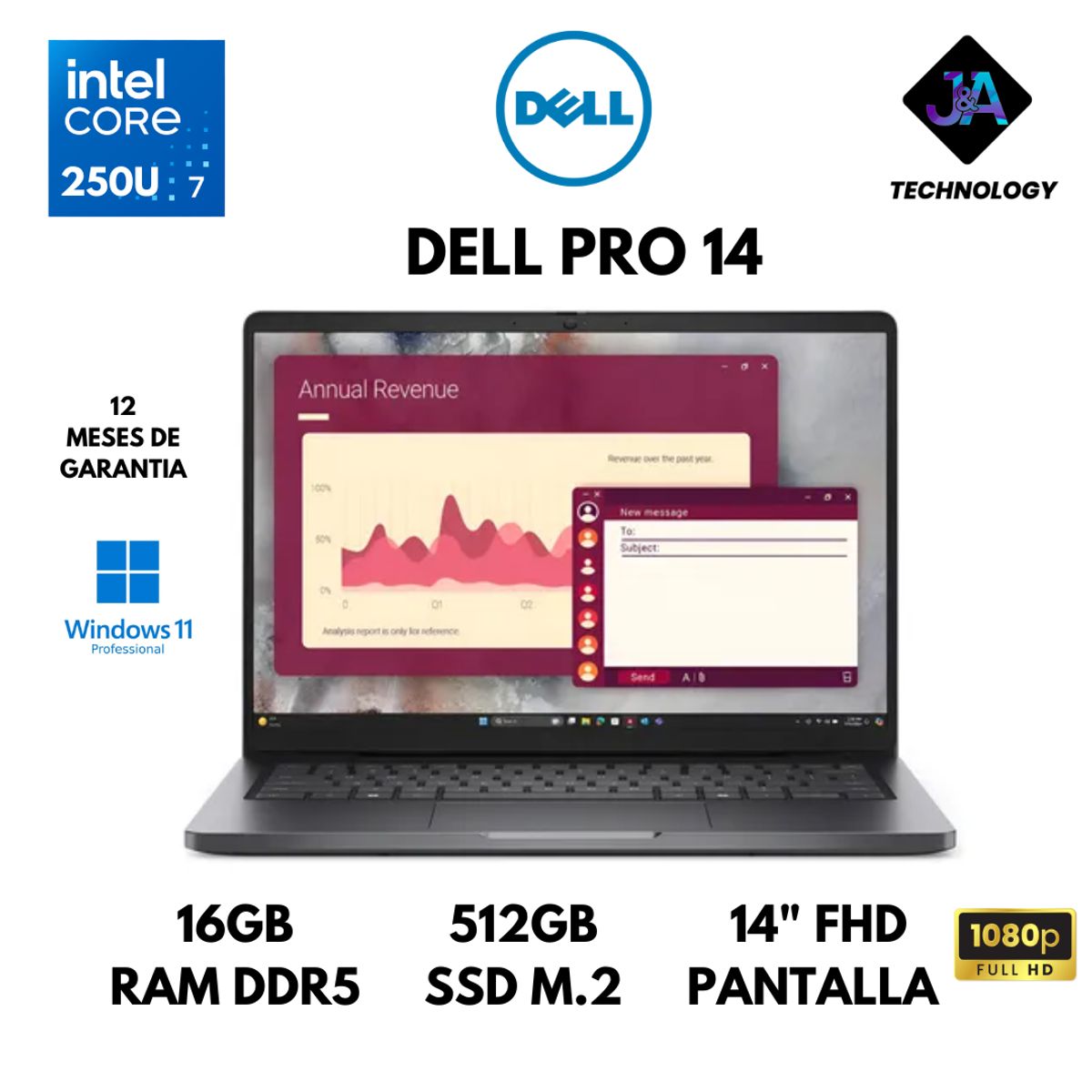 DELL - LAPTOP DELL PRO 14 14250 CORE 7 250U 16GB RAM DDR5 512GB SSD 14" FHD WINDOWS 11 PRO