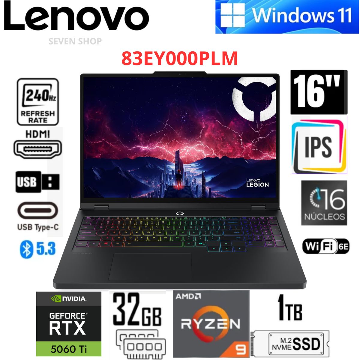 LENOVO - Laptop Gaming Lenovo Legion Pro 5 16ADR10 16" WQXGA 240Hz AMD Ryzen 9 8945HX 32GB RAM 1TB SSD